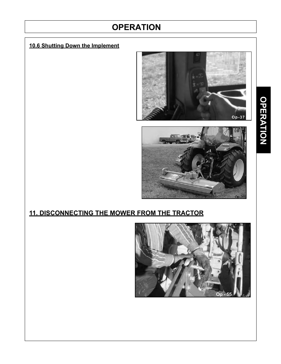 Operation, Opera tion, Disconnecting the mower from the tractor | Tiger Mowers SIDE FLAIL ASEMBLIES JD 5085M-105M User Manual | Page 81 / 206