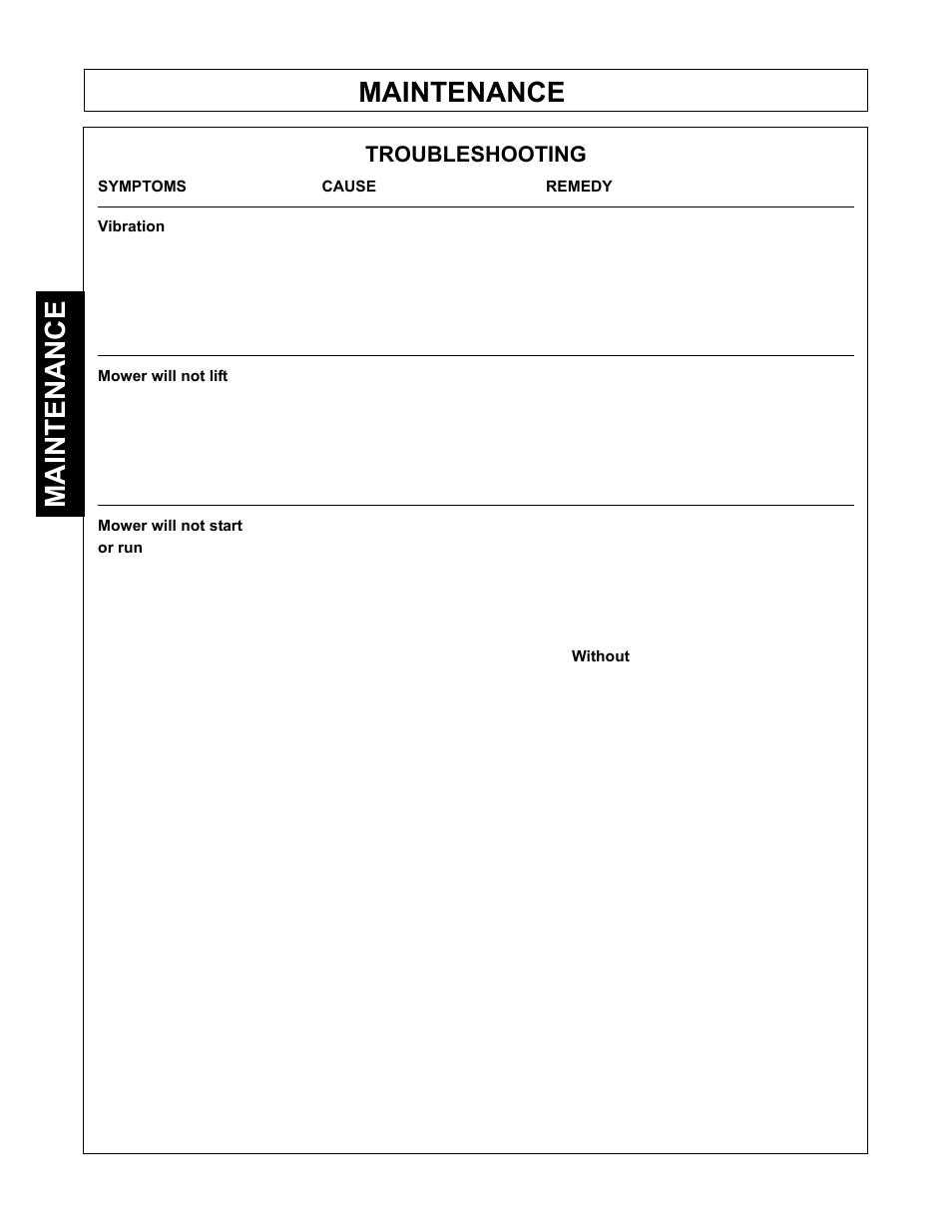 Maintenance, Troubleshooting | Tiger Mowers SIDE FLAIL ASEMBLIES JD 5085M-105M User Manual | Page 94 / 206