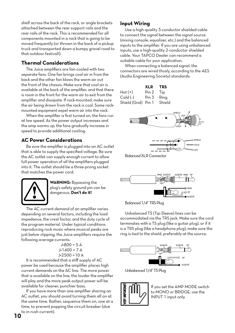 Thermal considerations, Ac power considerations, Input wiring | Tapco J-800 User Manual | Page 10 / 20