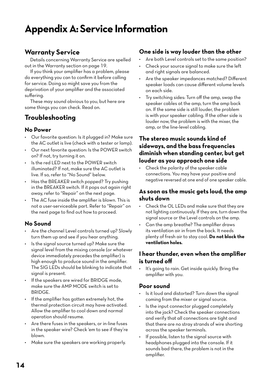 Appendix a: service information, Warranty service, Troubleshooting | Tapco J-800 User Manual | Page 14 / 20