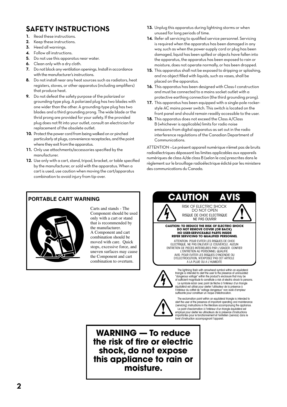Safety instructions, Caution avis | Tapco J-800 User Manual | Page 2 / 20