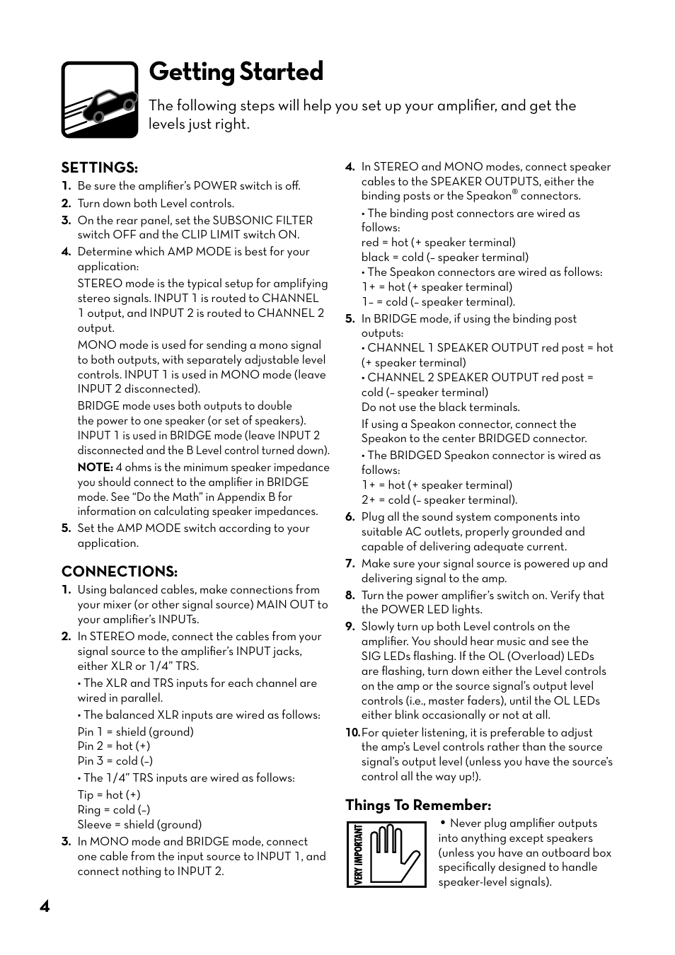 Getting started, Connections, Things to remember | Tapco J-800 User Manual | Page 4 / 20