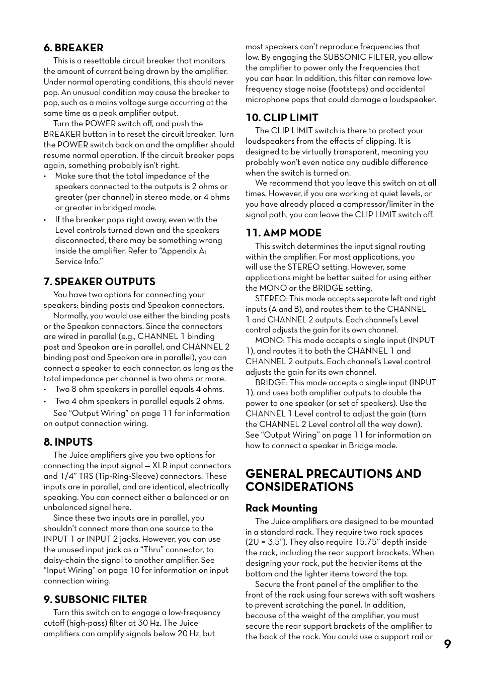 Breaker, Speaker outputs, Inputs | Subsonic filter, Clip limit, Amp mode, General precautions and considerations, Rack mounting, Amp mode general precautions | Tapco J-800 User Manual | Page 9 / 20