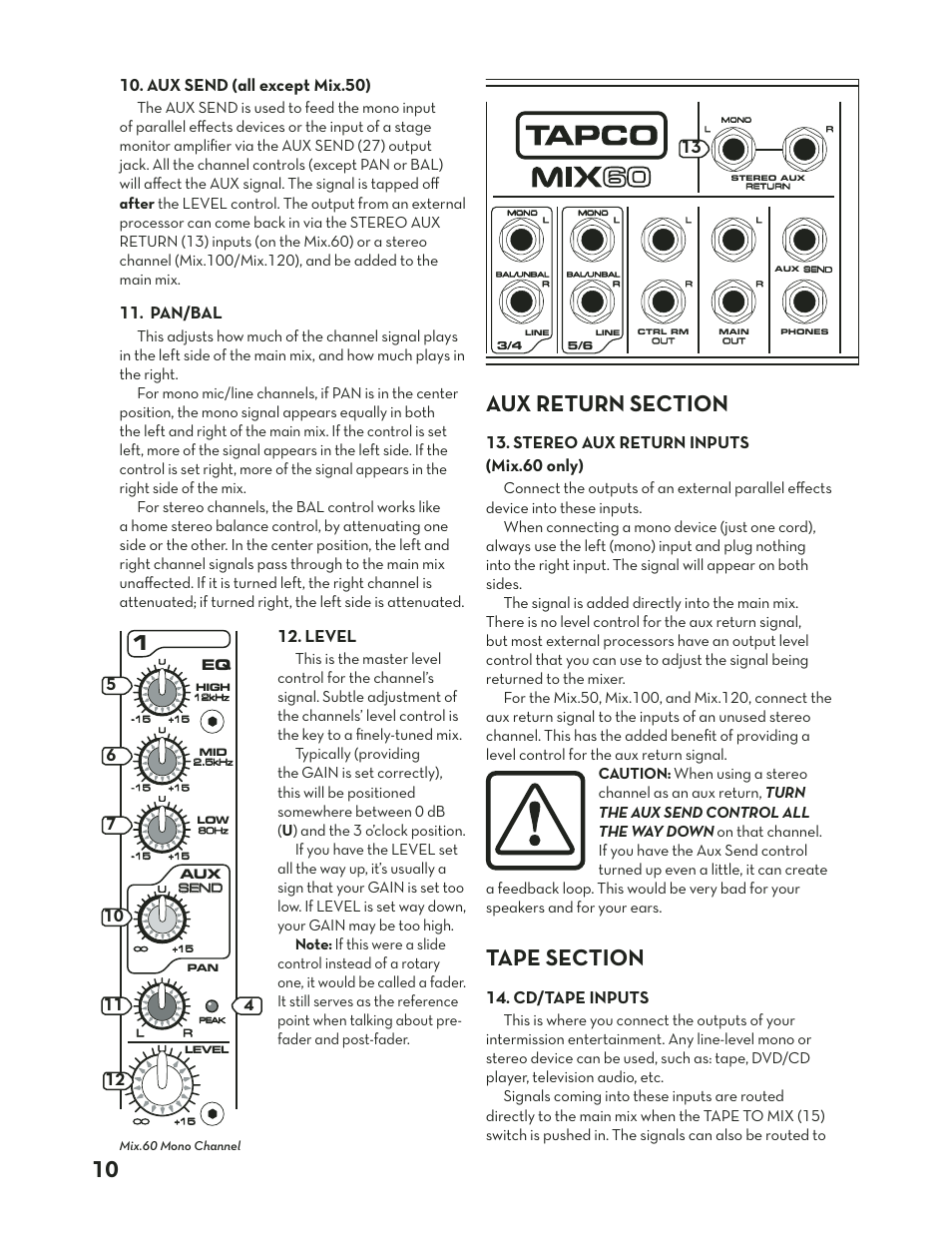 Aux return section, Tape section, Tape | Section, Aux send (all except mix.50), Pan/bal, Level, Stereo aux return inputs (mix.60 only), Cd/tape inputs | Tapco Mix.120 User Manual | Page 10 / 24