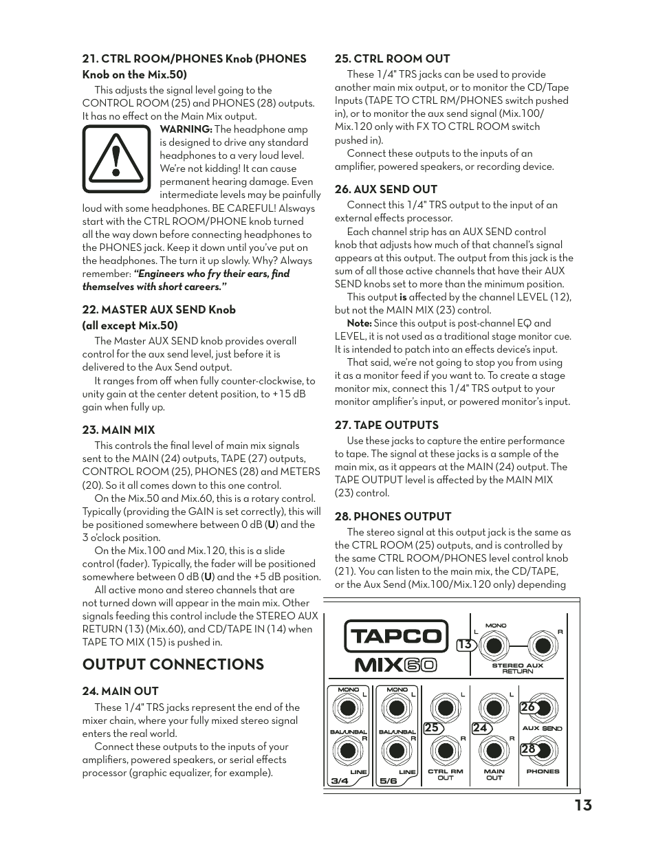 Output connections, Output, Connections | Ctrl room/phones knob (phones knob on the mix.50), Master aux send knob (all except mix.50), Main mix, Main out, Ctrl room out, Aux send out, Tape outputs | Tapco Mix.120 User Manual | Page 13 / 24