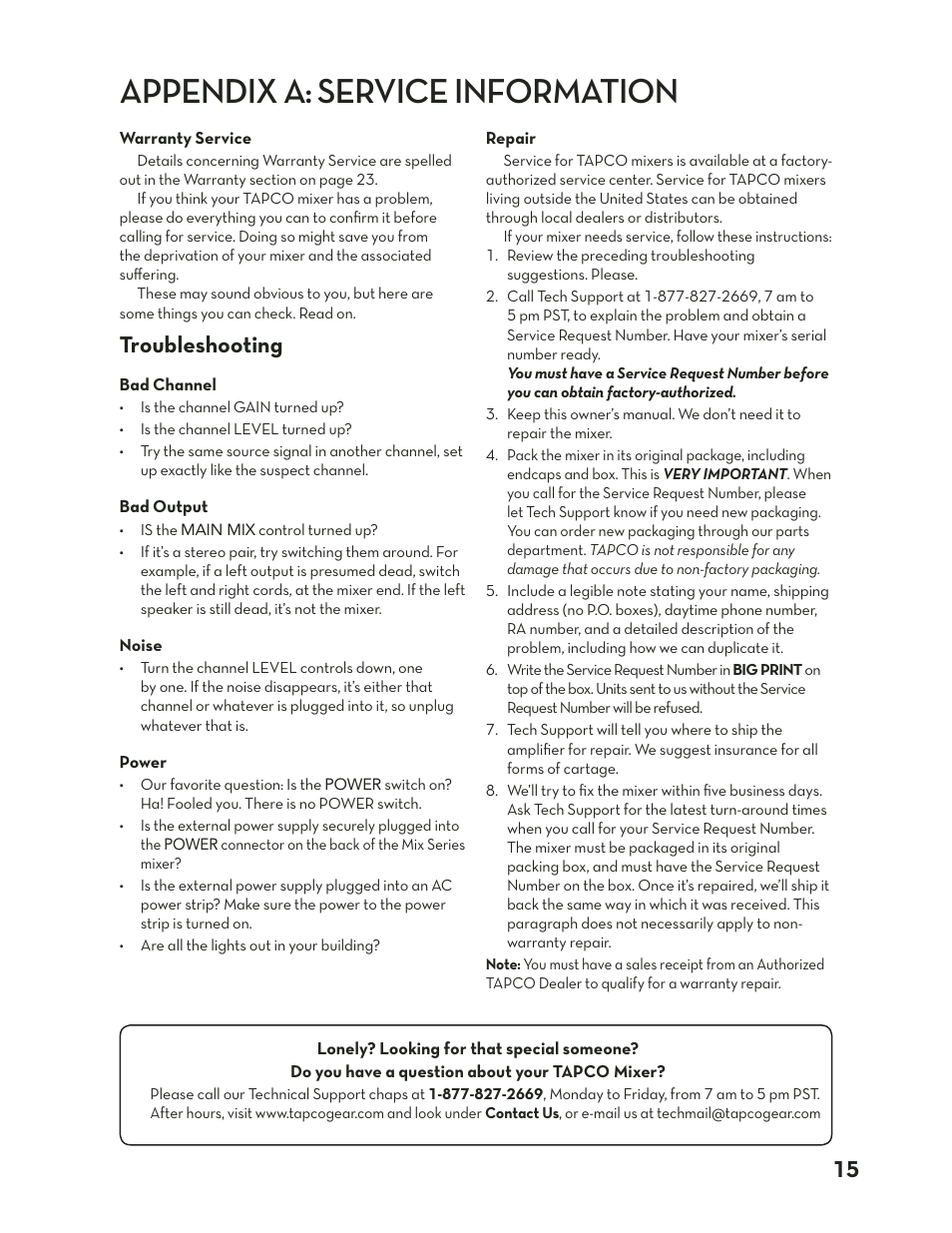 Appendix a: service information, Troubleshooting | Tapco Mix.120 User Manual | Page 15 / 24
