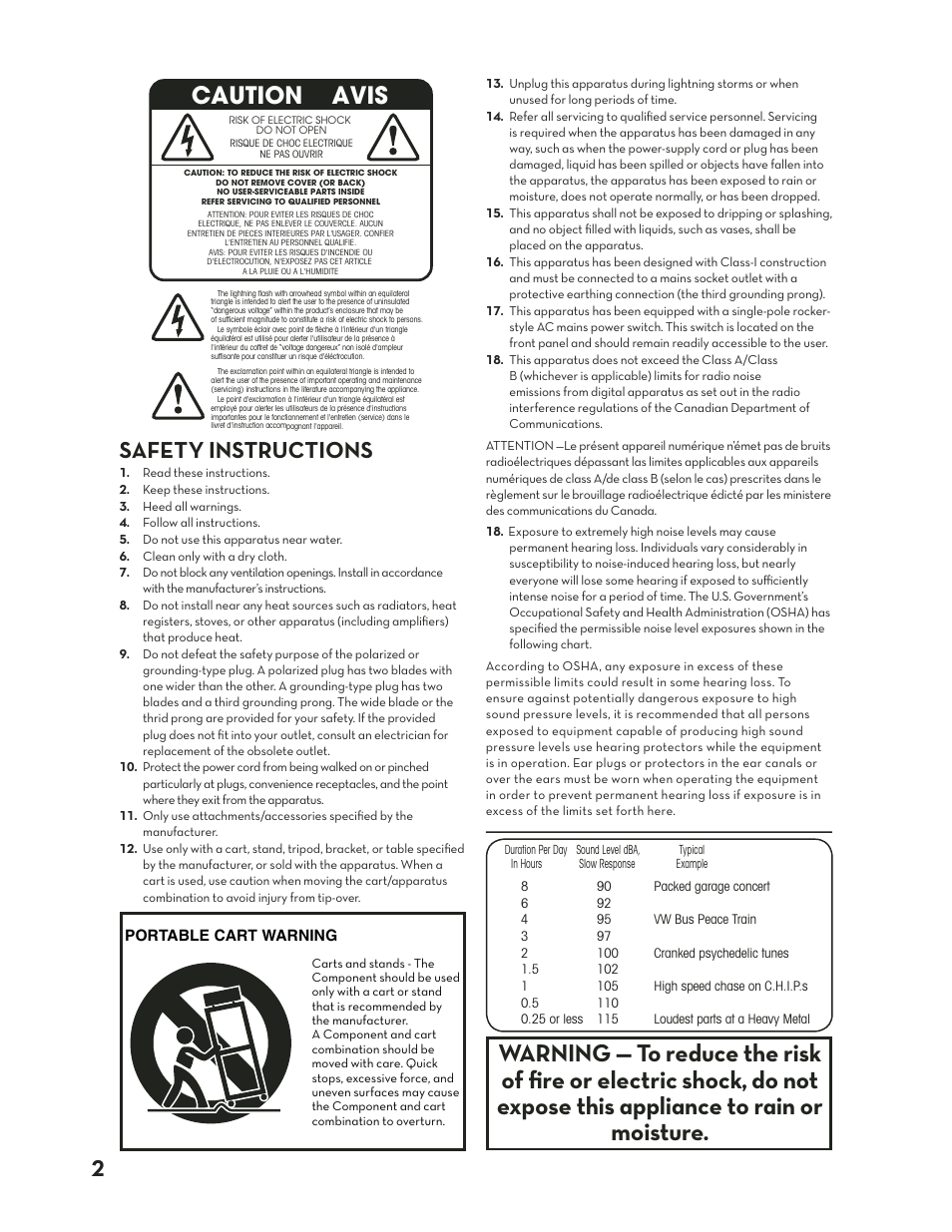 Safety instructions, 2safety instructions, Caution avis | Tapco Mix.120 User Manual | Page 2 / 24