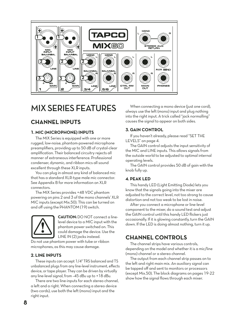 Mix series features, Channel inputs, Channel controls | Mix series features channel, Inputs, Channel, Controls, Mic (microphone) inputs, Line inputs, Gain control | Tapco Mix.120 User Manual | Page 8 / 24