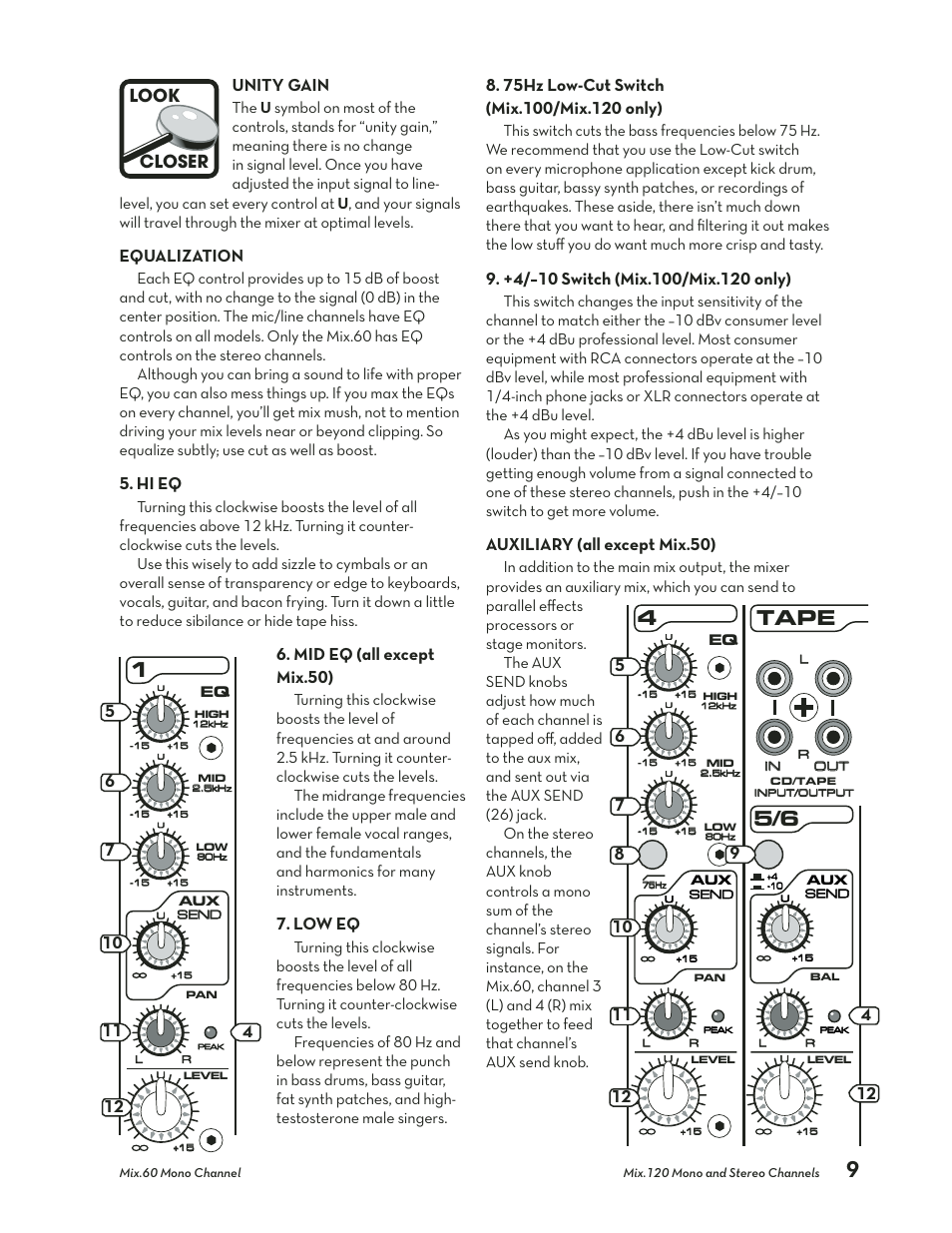Tape 5/6 4, Unity gain, Equalization | Hi eq, Mid eq (all except mix.50), Low eq, Auxiliary (all except mix.50) | Tapco Mix.120 User Manual | Page 9 / 24