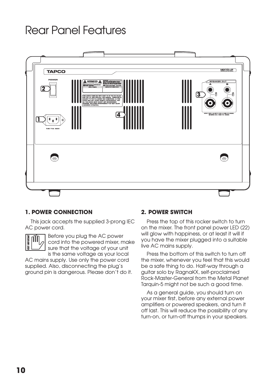 Rear panel features, Power connection, Power switch | Power, Connection, Switch | Tapco MIX.FX MIX10FXP User Manual | Page 10 / 28