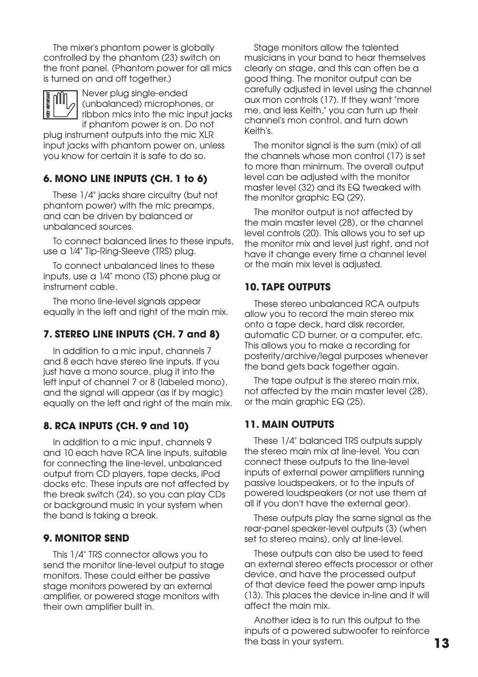 Mono line inputs (ch. 1 to 6), Stereo line inputs (ch. 7 and 8), Rca inputs (ch. 9 and 10) | Monitor send, Tape outputs, Main outputs, Mono, Line, Inputs, Stereo line inputs 8. rca | Tapco MIX.FX MIX10FXP User Manual | Page 13 / 28