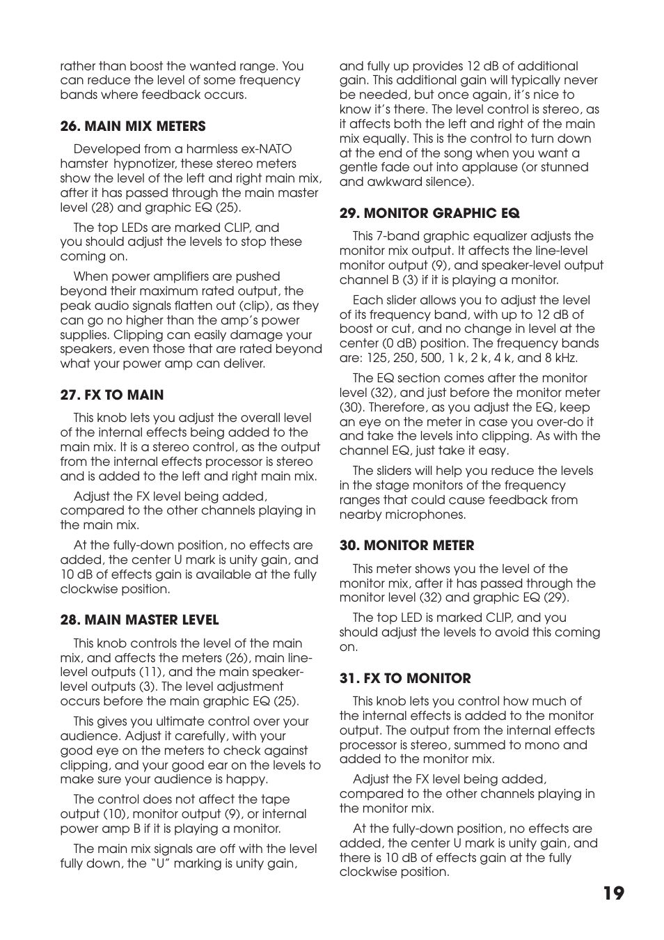 Main mix meters, Fx to main, Main master level | Monitor graphic eq, Monitor meter, Fx to monitor | Tapco MIX.FX MIX10FXP User Manual | Page 19 / 28