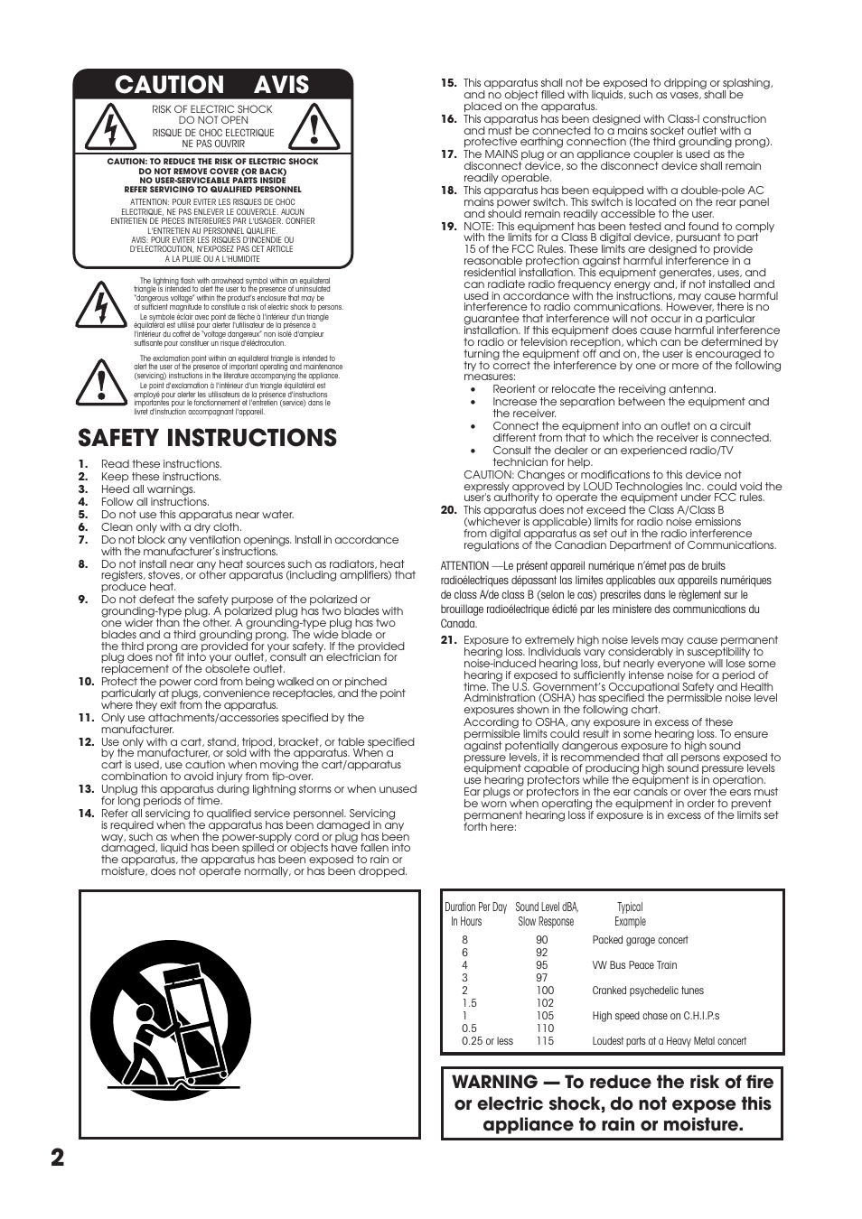 Safety instructions, 2safety instructions, Caution avis | Portable cart warning | Tapco MIX.FX MIX10FXP User Manual | Page 2 / 28