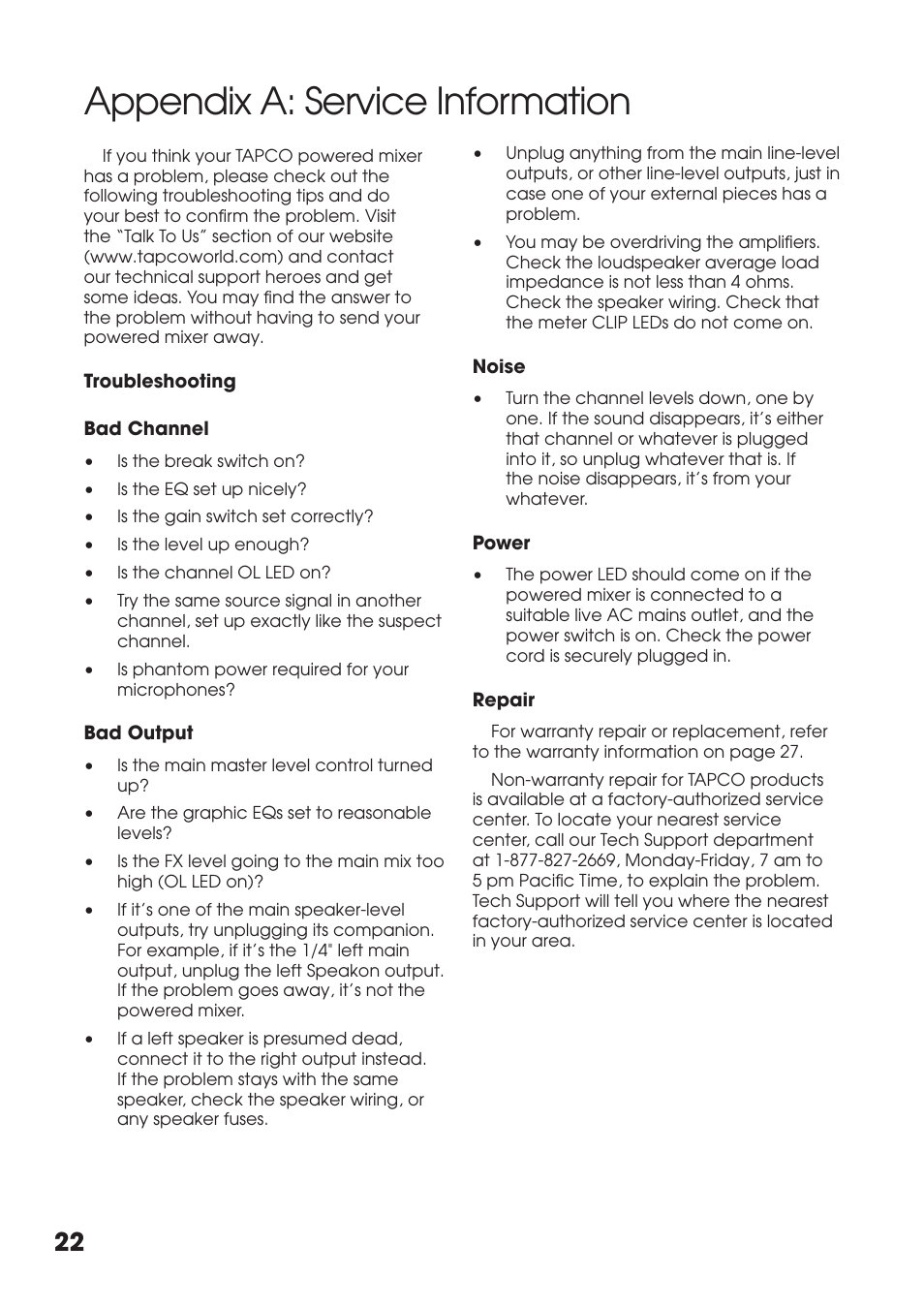 Appendix a: service information | Tapco MIX.FX MIX10FXP User Manual | Page 22 / 28
