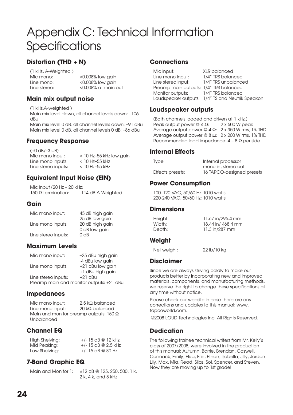 Appendix c: technical information, Speciﬁ cations, Distortion (thd + n) | Main mix output noise, Frequency response, Equivalent input noise (ein), Gain, Maximum levels, Impedances, Channel eq | Tapco MIX.FX MIX10FXP User Manual | Page 24 / 28