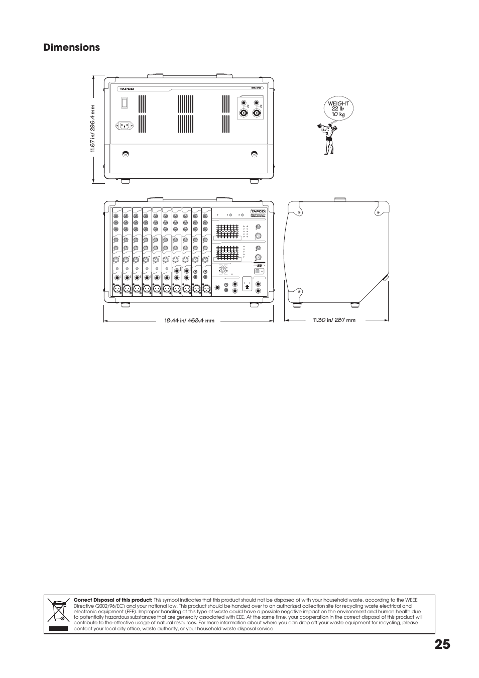 Appendix c: technical information, Echnical information, Dimensions | Tapco MIX.FX MIX10FXP User Manual | Page 25 / 28