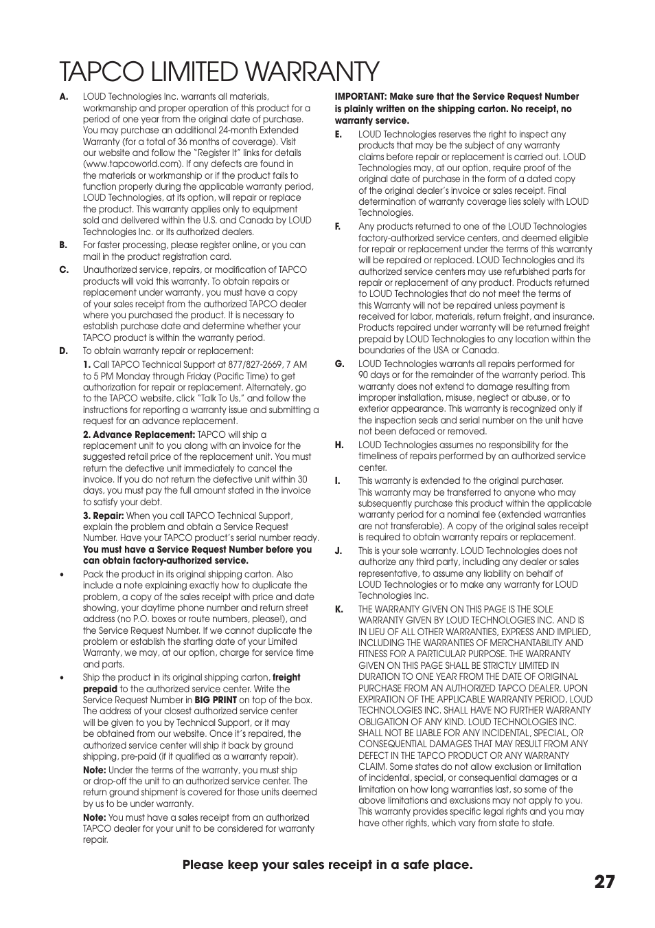 Tapco limited warranty, Arranty | Tapco MIX.FX MIX10FXP User Manual | Page 27 / 28