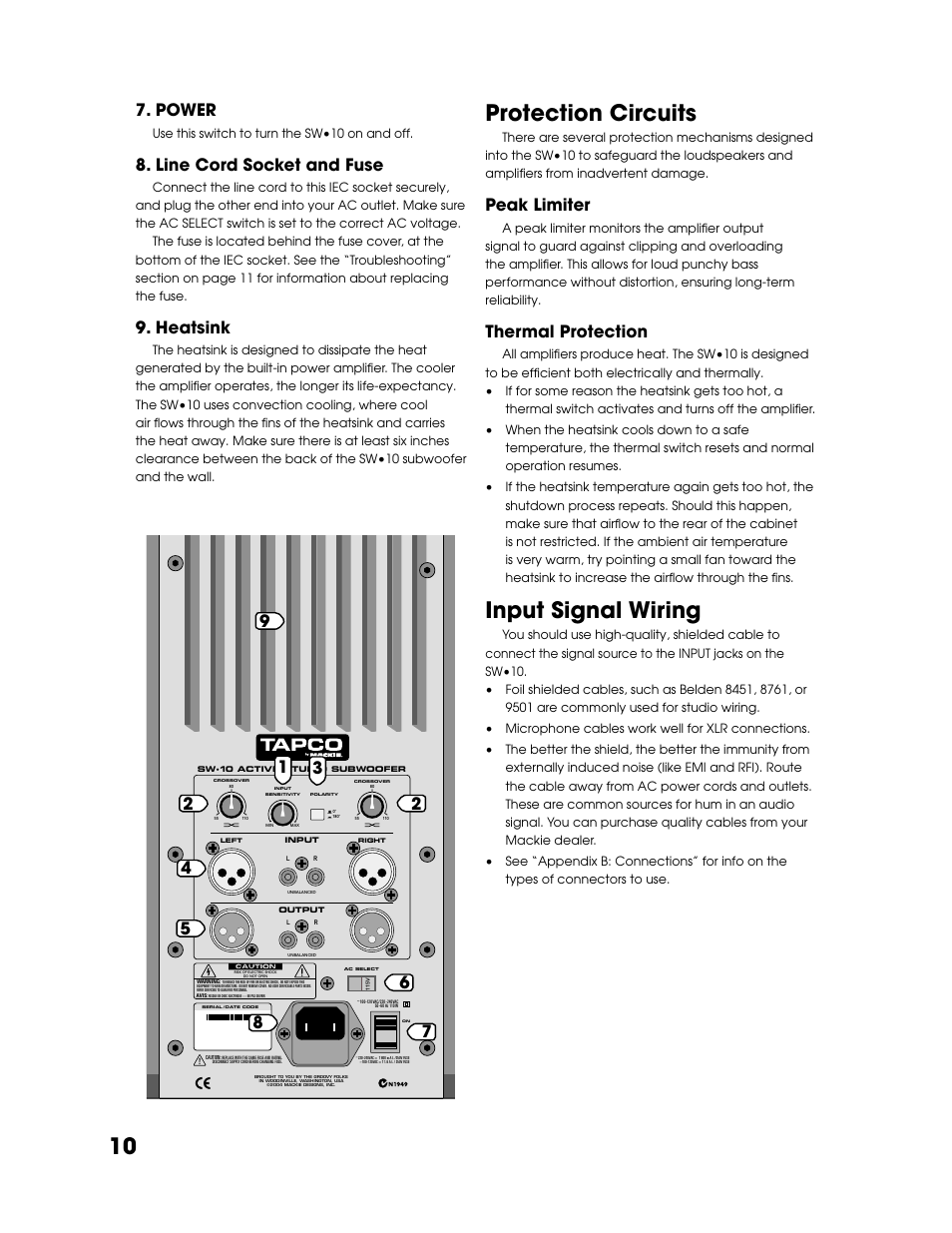Power, Line cord socket and fuse, Heatsink | Protection circuits, Input signal wiring, Protection circuits input signal wiring, Peak limiter, Thermal protection | Tapco SW-10 User Manual | Page 10 / 16