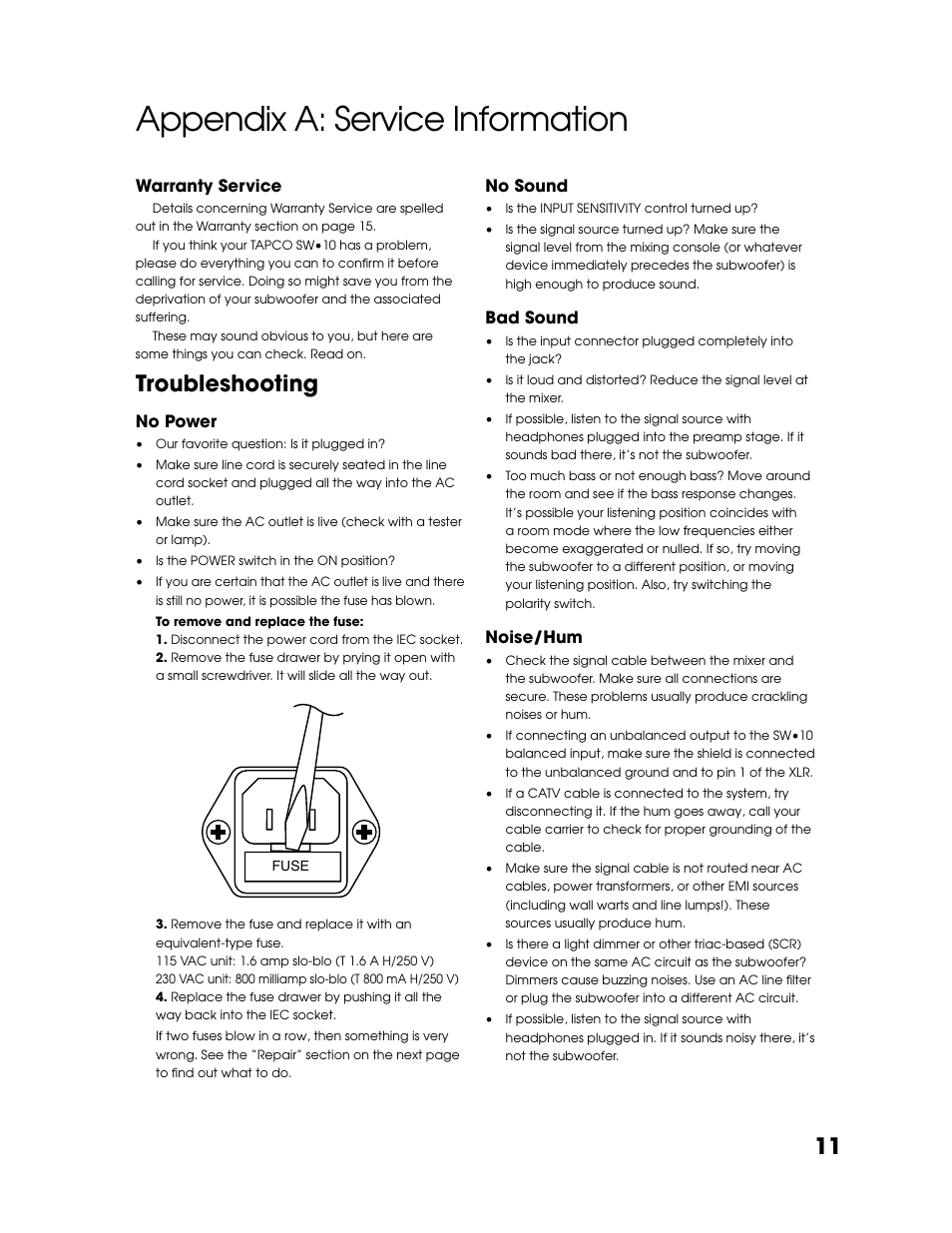 Appendix a: service information, Troubleshooting | Tapco SW-10 User Manual | Page 11 / 16