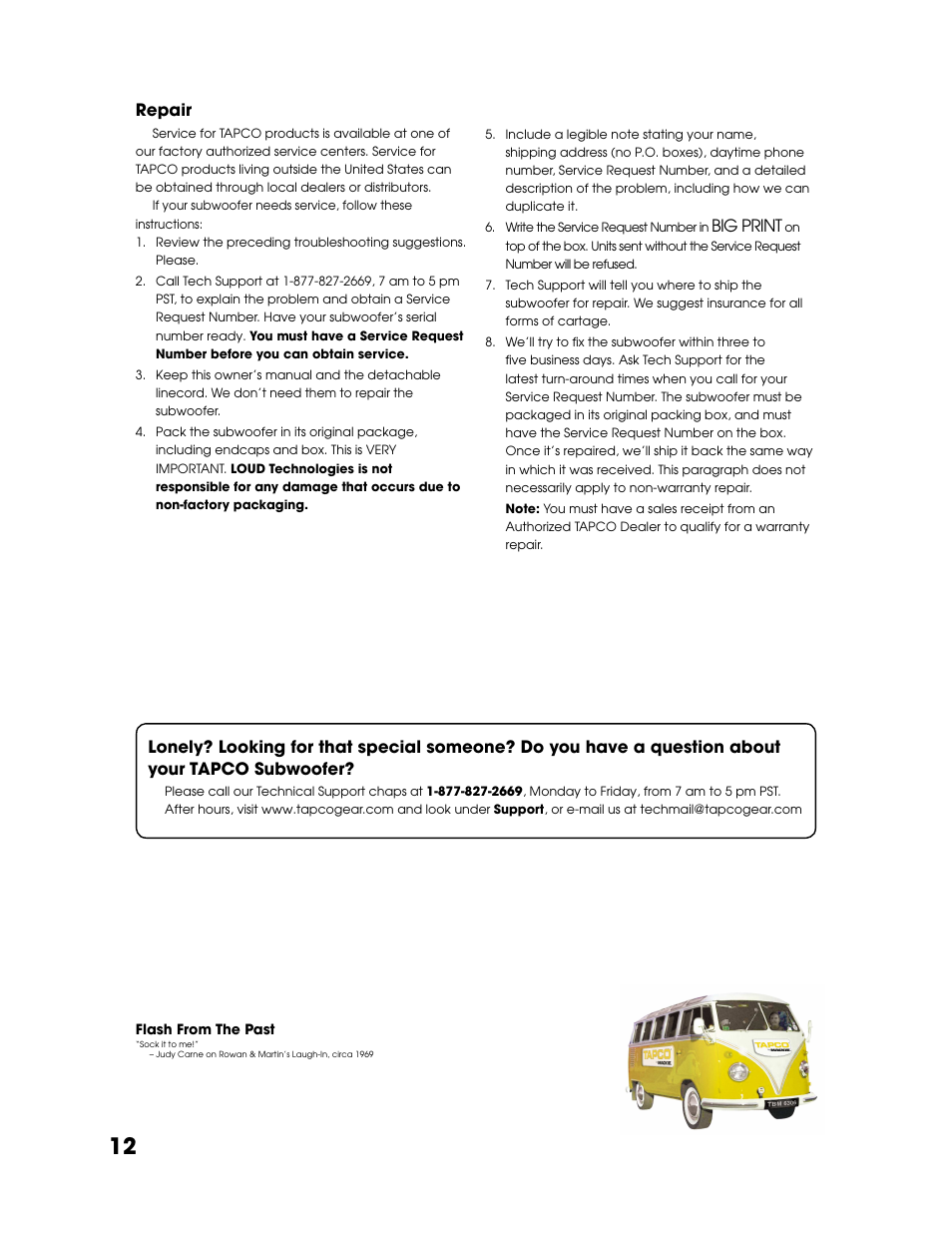 Repair, Big print | Tapco SW-10 User Manual | Page 12 / 16