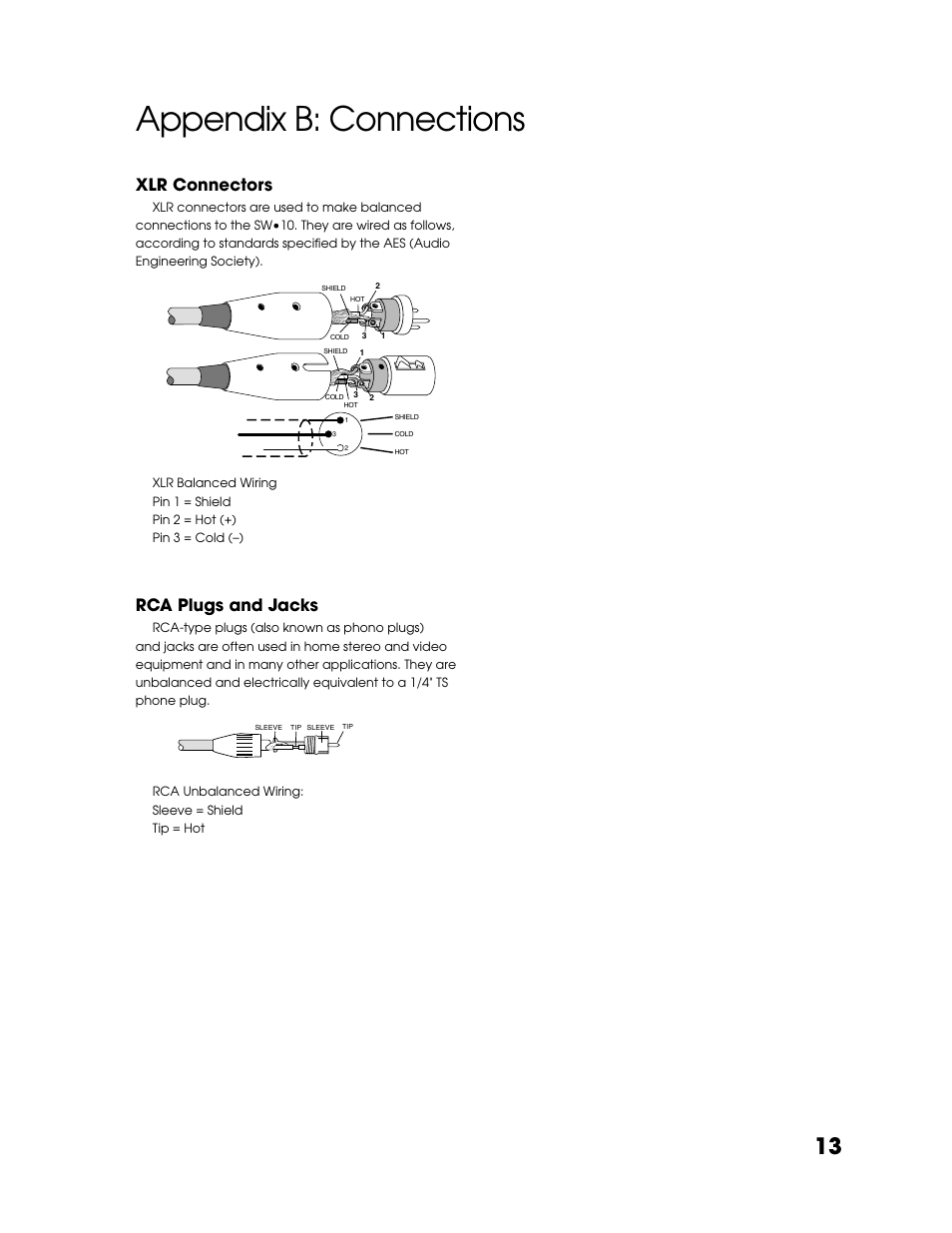 Appendix b: connections, Xlr connectors, Rca plugs and jacks | Tapco SW-10 User Manual | Page 13 / 16