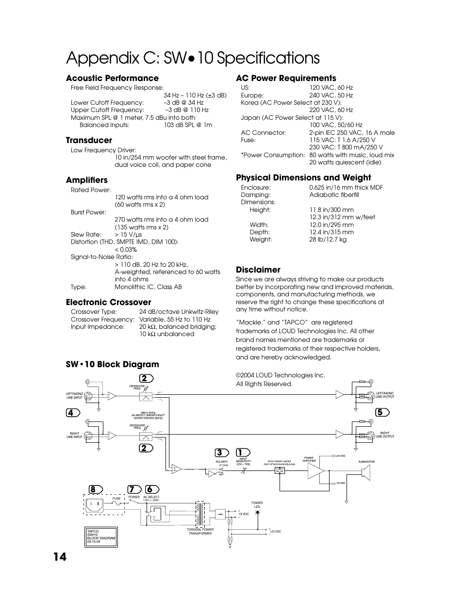 Appendix c: specifications, Appendix c: specifi cations, Appendix c: sw•10 specifi cations | Ac power requirements, Physical dimensions and weight, Disclaimer, Acoustic performance, Transducer, Amplifi ers, Electronic crossover | Tapco SW-10 User Manual | Page 14 / 16