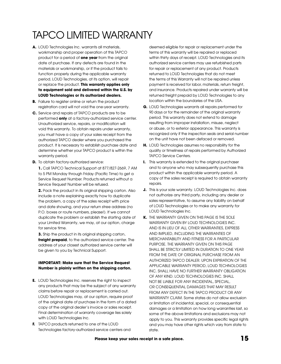 Tapco limited warranty | Tapco SW-10 User Manual | Page 15 / 16