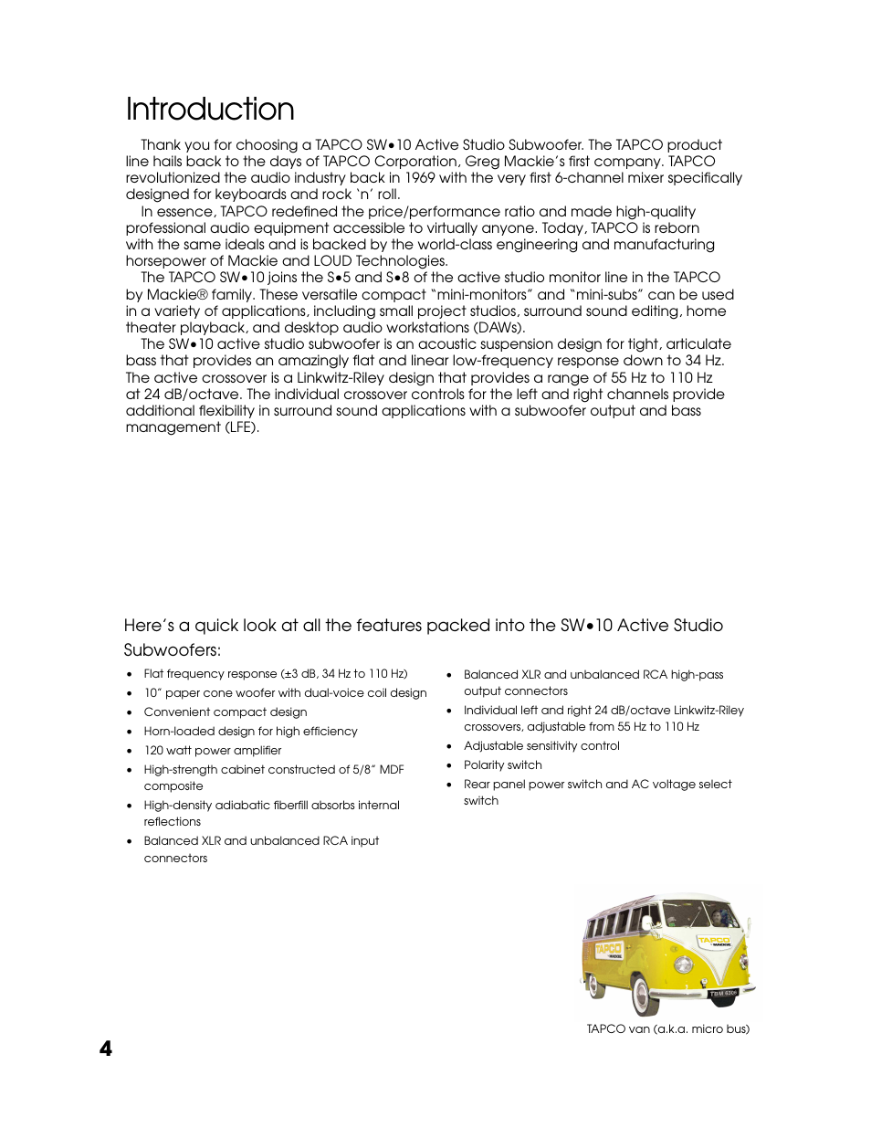 Introduction | Tapco SW-10 User Manual | Page 4 / 16