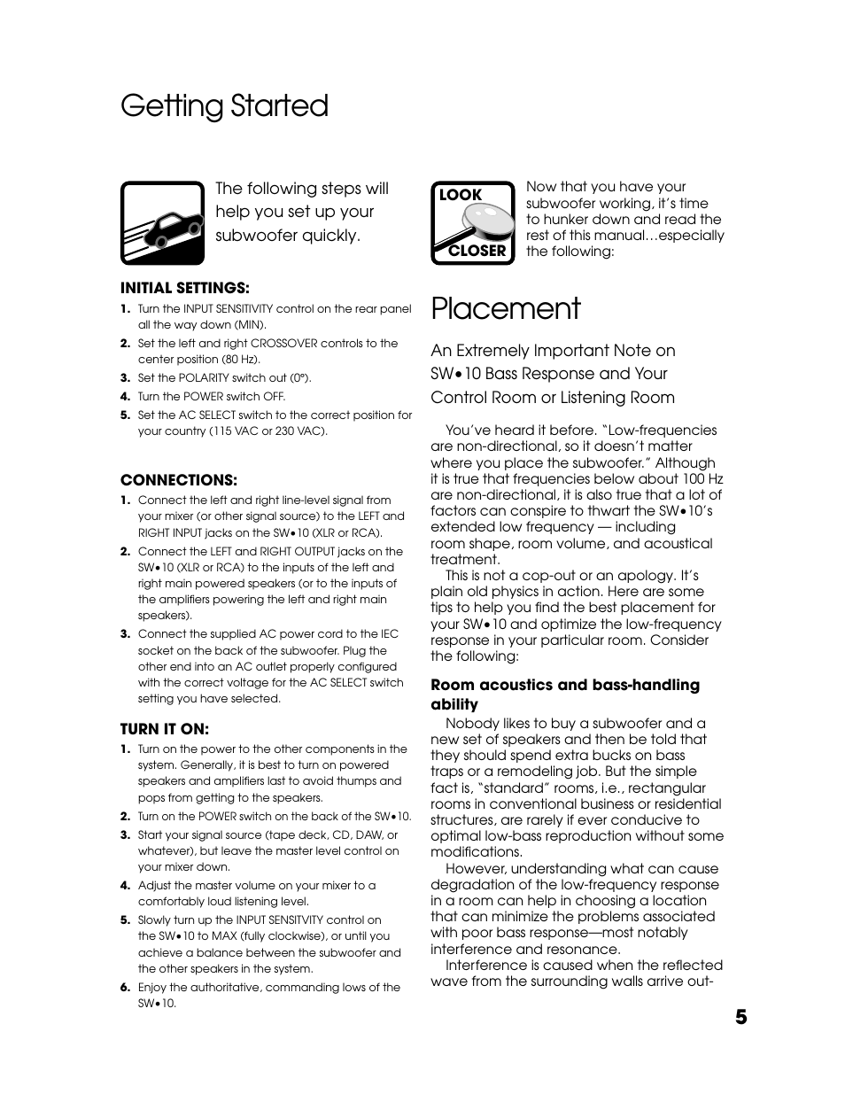 Getting started, Placement, Getting started placement | Tapco SW-10 User Manual | Page 5 / 16