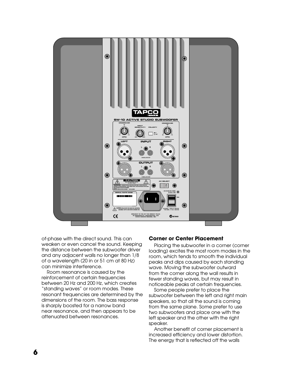 Corner or center placement | Tapco SW-10 User Manual | Page 6 / 16