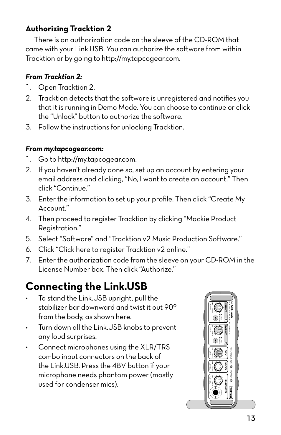 Authorizing tracktion 2, Connecting the link.usb, Authorizing tracktion 2 connecting the link.usb | Tapco MP3 Player User Manual | Page 13 / 20