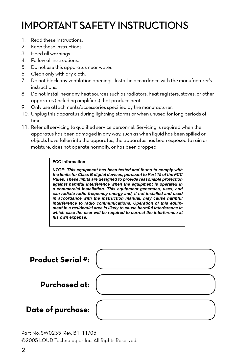 Important safety instructions, Product serial #: purchased at: date of purchase | Tapco MP3 Player User Manual | Page 2 / 20