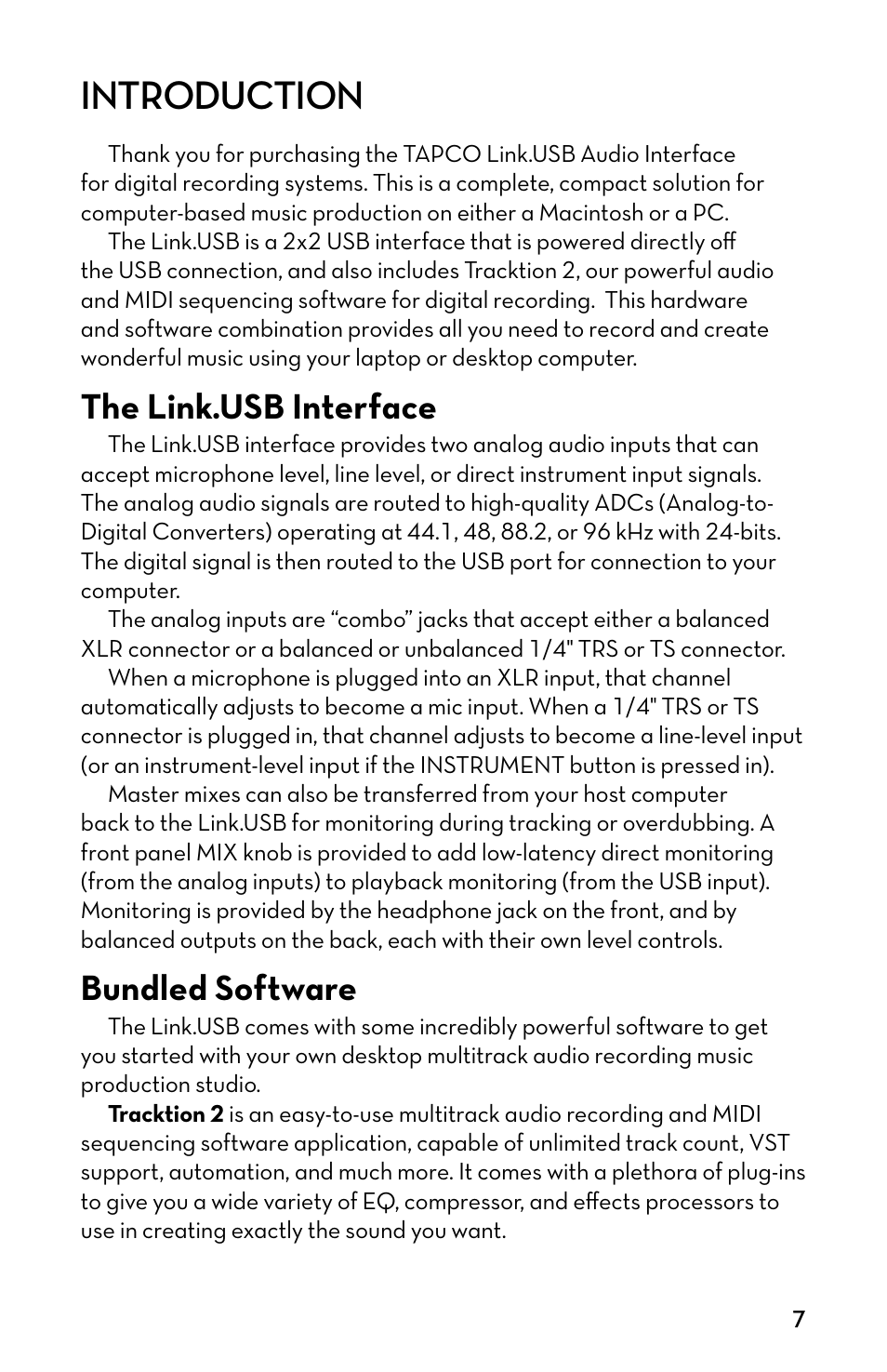 Introduction, The link.usb interface, Bundled software | The link.usb interface bundled software | Tapco MP3 Player User Manual | Page 7 / 20