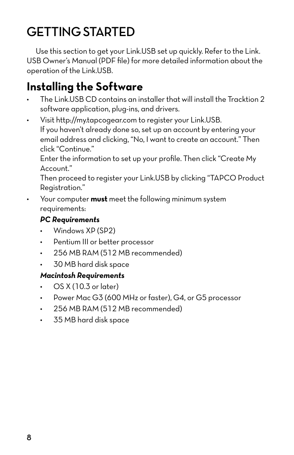 Getting started, Installing the software | Tapco MP3 Player User Manual | Page 8 / 20
