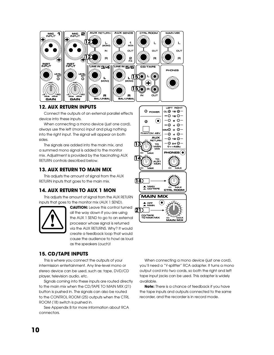 Aux return inputs, Aux return to main mix, Aux return to aux 1 mon | Cd/tape inputs, Main mix | Tapco Blend 6 User Manual | Page 10 / 20