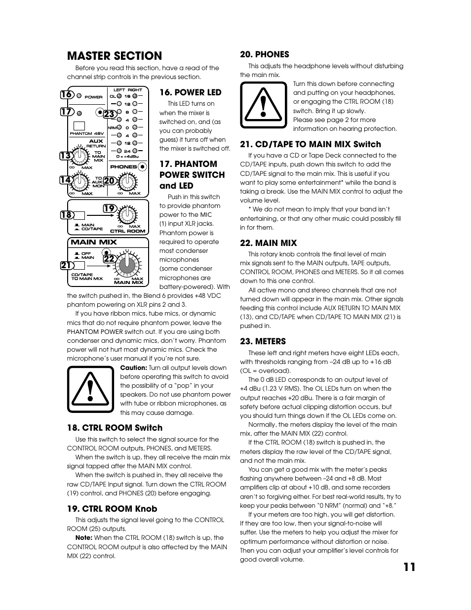 Master section, Master, Section | Power led, Phantom power switch and led, Ctrl room switch, Ctrl room knob, Phones, Cd/tape to main mix switch, Main mix | Tapco Blend 6 User Manual | Page 11 / 20