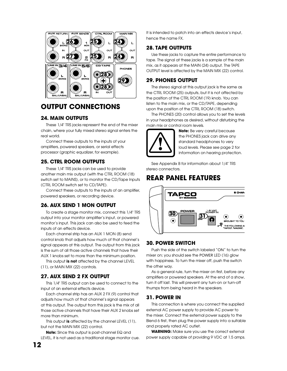 Output connections, Rear panel features, Output | Connections, 12 output connections, Main outputs, Ctrl room outputs, Aux send 1 mon output, Aux send 2 fx output, Tape outputs | Tapco Blend 6 User Manual | Page 12 / 20