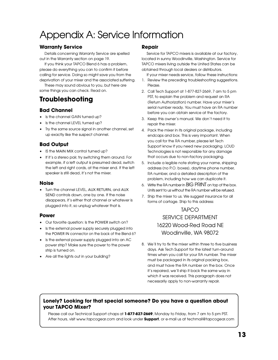Appendix a: service information, Troubleshooting | Tapco Blend 6 User Manual | Page 13 / 20