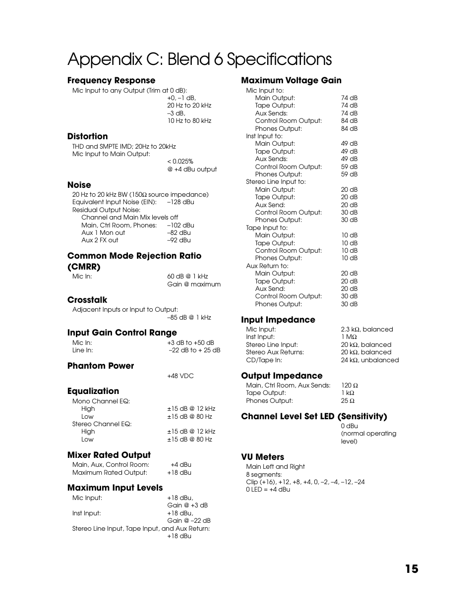 Appendix c: blend 6 specifications, Appendix c: blend 6 specifi cations, Frequency response | Distortion, Noise, Common mode rejection ratio (cmrr), Crosstalk, Input gain control range, Phantom power, Equalization | Tapco Blend 6 User Manual | Page 15 / 20