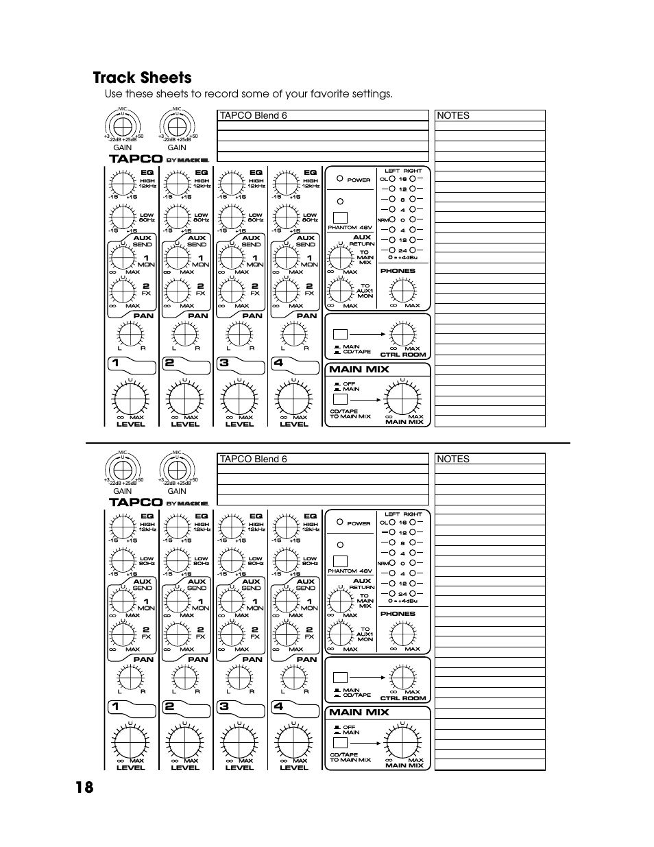 Track sheets, Track, Sheets | 18 track sheets, Main mix, Gain | Tapco Blend 6 User Manual | Page 18 / 20