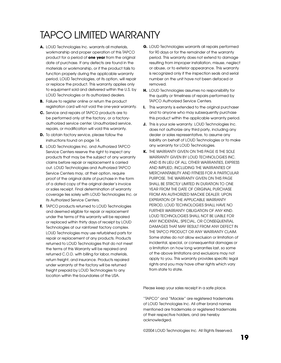 Tapco limited warranty | Tapco Blend 6 User Manual | Page 19 / 20