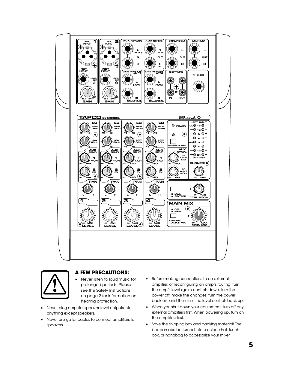 A few precautions, Main mix | Tapco Blend 6 User Manual | Page 5 / 20