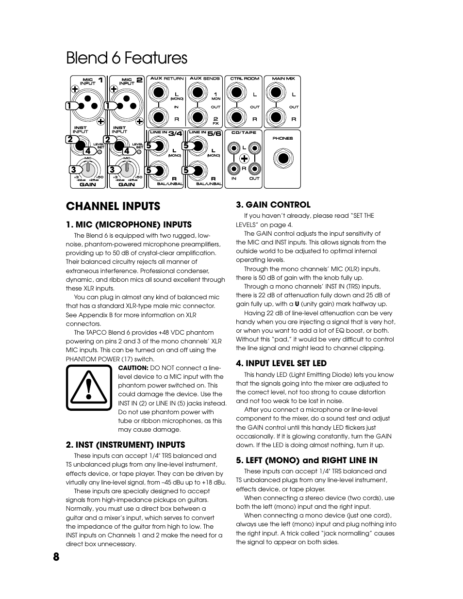 Blend 6 features, Channel inputs, Blend 6 features channel | Inputs, Mic (microphone) inputs, Inst (instrument) inputs, Gain control, Input level set led, Left (mono) and right line in | Tapco Blend 6 User Manual | Page 8 / 20