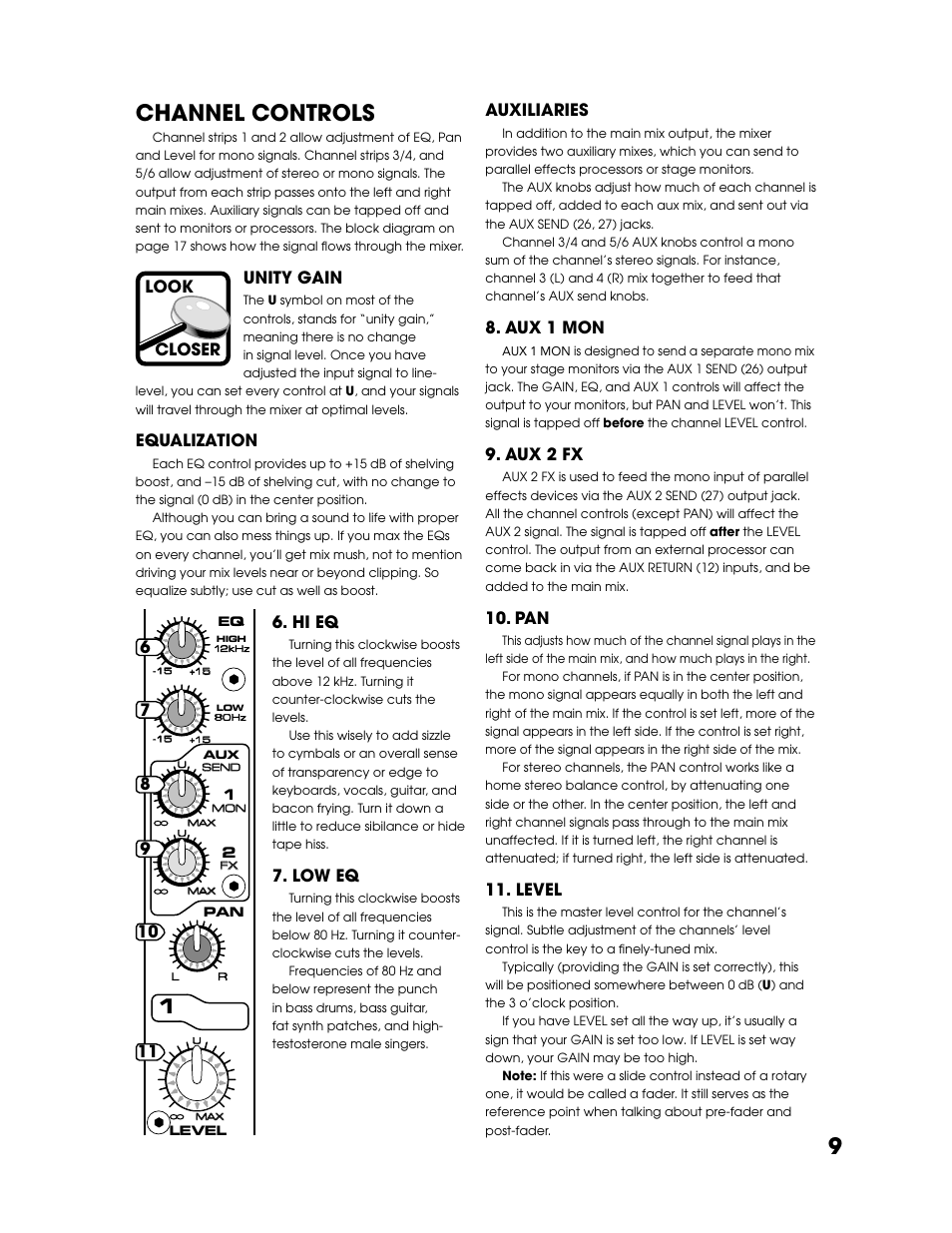 Channel controls, Equalization, Auxiliaries | Channel, Controls, 9channel controls, Unity gain, Hi eq, Low eq, Aux 1 mon | Tapco Blend 6 User Manual | Page 9 / 20