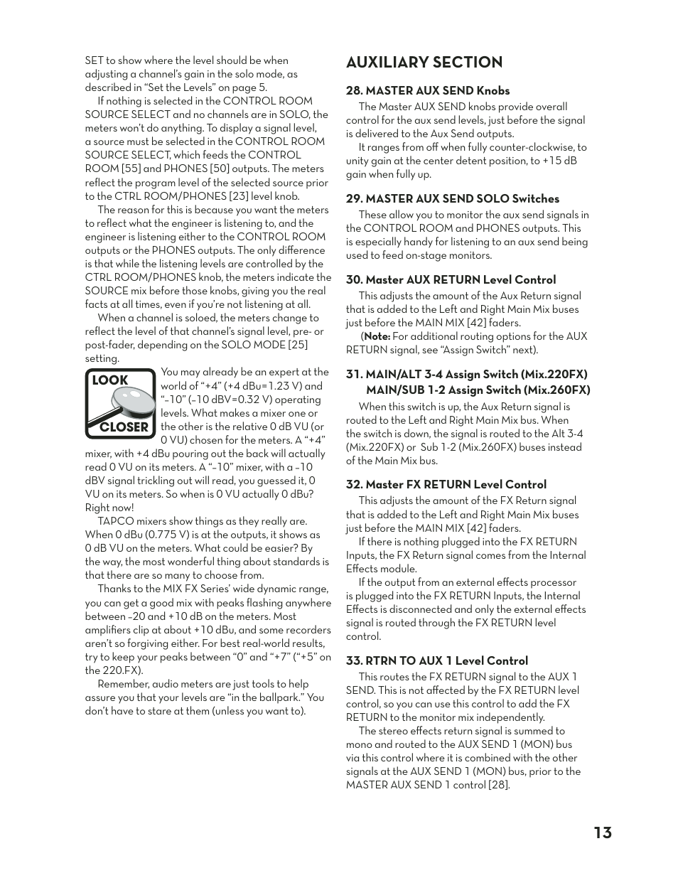 Auxiliary section | Tapco MIX.220FX User Manual | Page 13 / 28