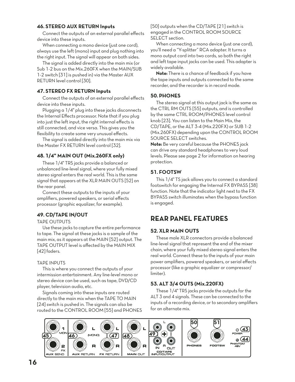 Rear panel features, Stereo aux return inputs, Stereo fx return inputs | Cd/tape in/out, Phones, Footsw, Xlr main outs | Tapco MIX.220FX User Manual | Page 16 / 28