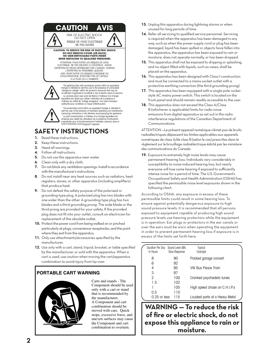 Safety instructions, 2safety instructions, Caution avis | Tapco MIX.220FX User Manual | Page 2 / 28