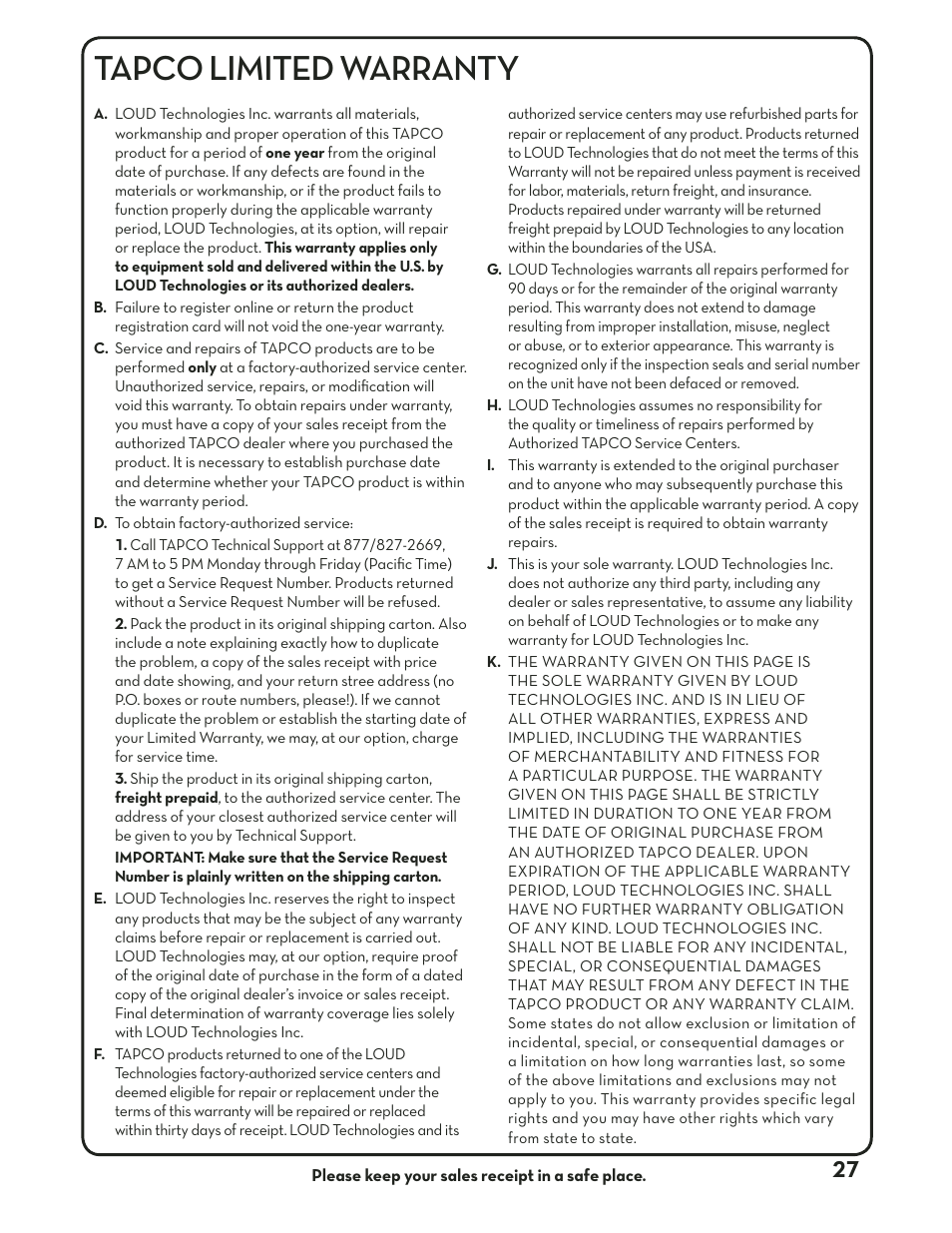 Tapco limited warranty | Tapco MIX.220FX User Manual | Page 27 / 28