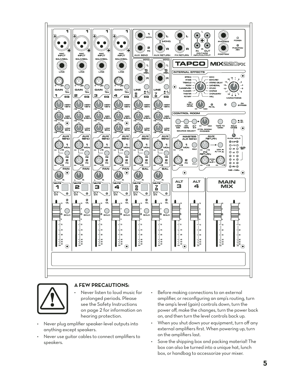 A few precautions | Tapco MIX.220FX User Manual | Page 5 / 28