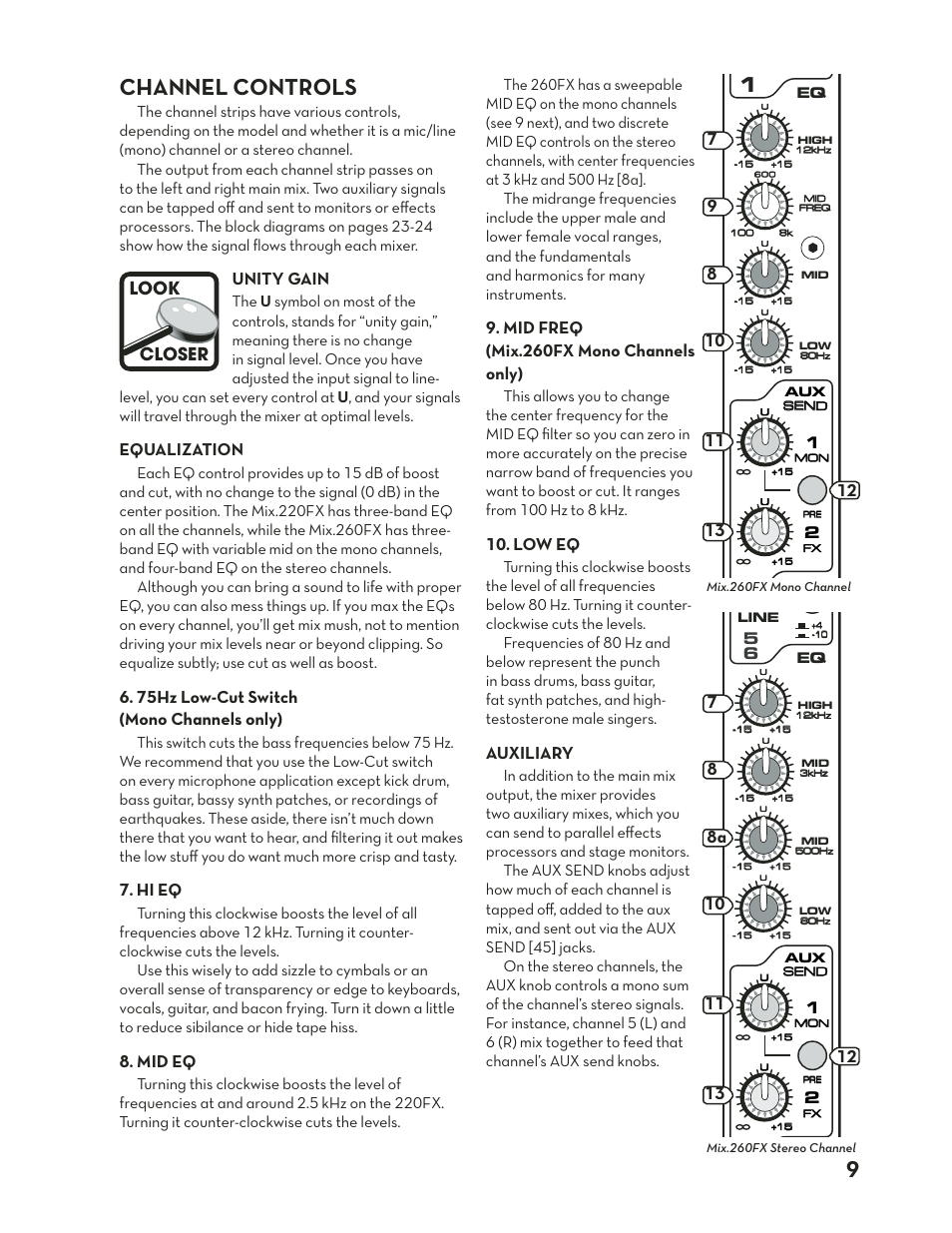 Channel controls, Auxiliary, Channel controls auxiliary | 9channel controls, Unity gain, Equalization, 75hz low-cut switch (mono channels only), Hi eq, Mid eq, Mid freq (mix.260fx mono channels only) | Tapco MIX.220FX User Manual | Page 9 / 28